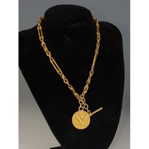 1 - 9ct gold fancy link Albert chain and T-bar with an 1880 US gold $10 pendant, gross weight 61.3 grams