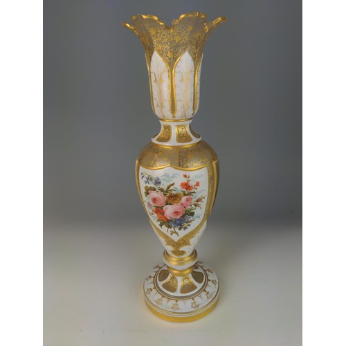 332 - Pair of Bohemian painted and white overlay glass vases, each painted with a gentleman or a lady, wit... 