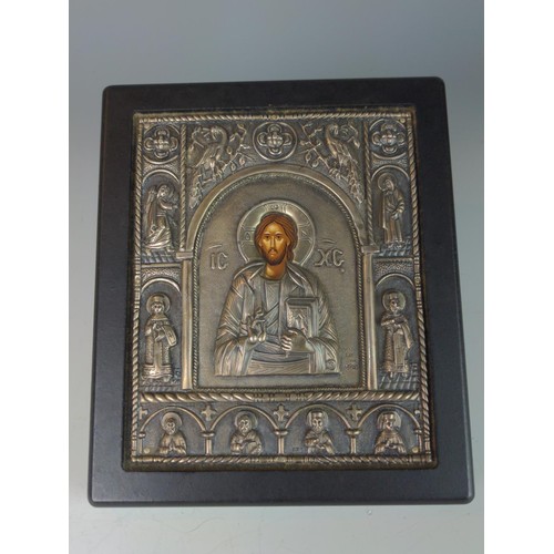 346 - Greek 925 silver mounted Byzantine style icon by Silver Tradition Art, stamped to silver, label vers... 