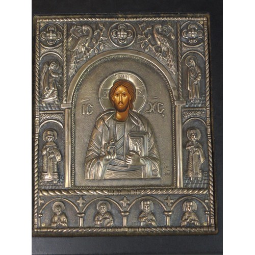 346 - Greek 925 silver mounted Byzantine style icon by Silver Tradition Art, stamped to silver, label vers... 