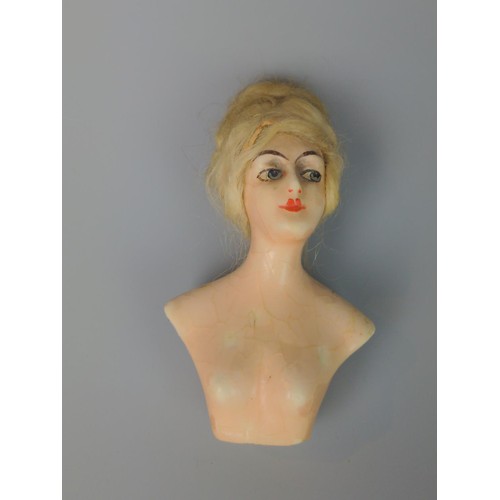 398 - 1920s German boudoir half doll. With mohair, hair. Height 11cm