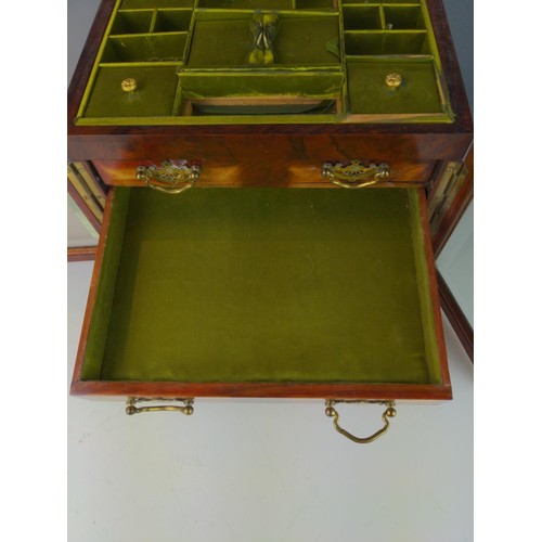 408 - Jewellery casket with bevelled glass doors, covering 3 Fitted drawers, Lift top with mirror to lid w... 