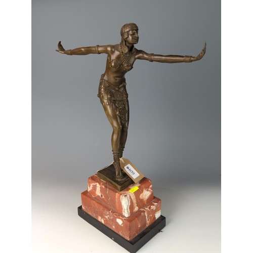 409 - A contemporary Art Deco style brown patinated cast bronze figure of a Phoenician Dancer, base with c... 