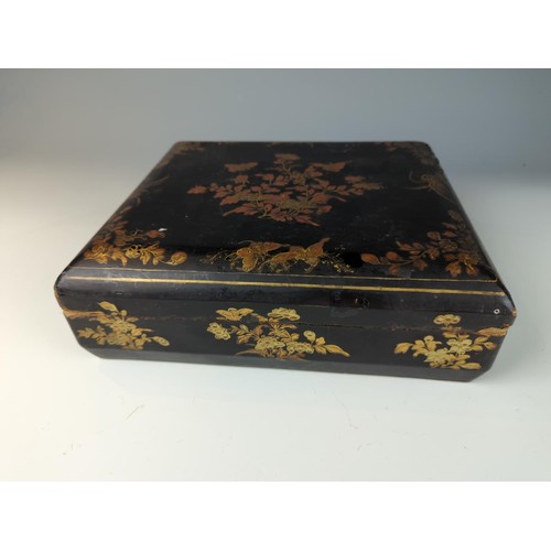 410 - Black and Gilt lacquered oriental box with 6 internal fitted boxes W29 D26 H9cm