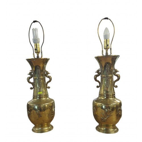 419 - Pair of Japanese brass urn lamps with fitted lampshades and flora and fauna decorations H77cms