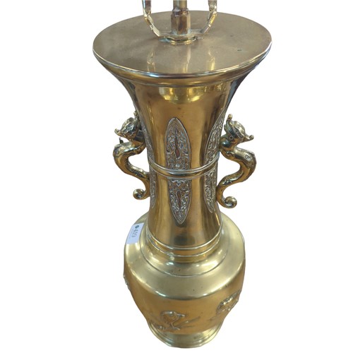 419 - Pair of Japanese brass urn lamps with fitted lampshades and flora and fauna decorations H77cms