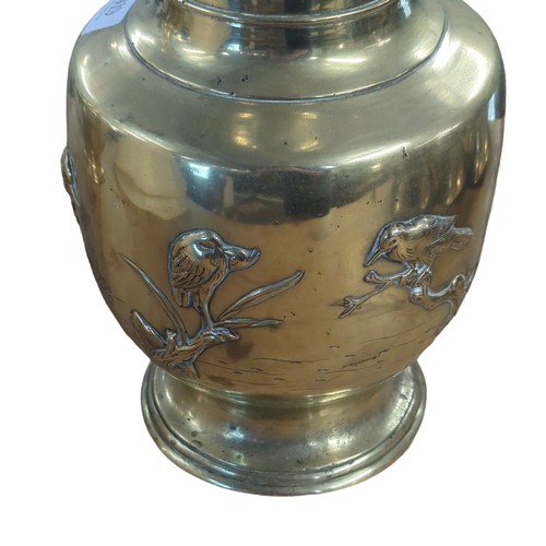 419 - Pair of Japanese brass urn lamps with fitted lampshades and flora and fauna decorations H77cms