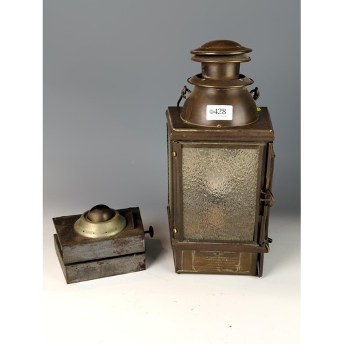 428 - 1925 French Maritime Lantern with electric conversion but original fuel reservoir present, frosted g... 