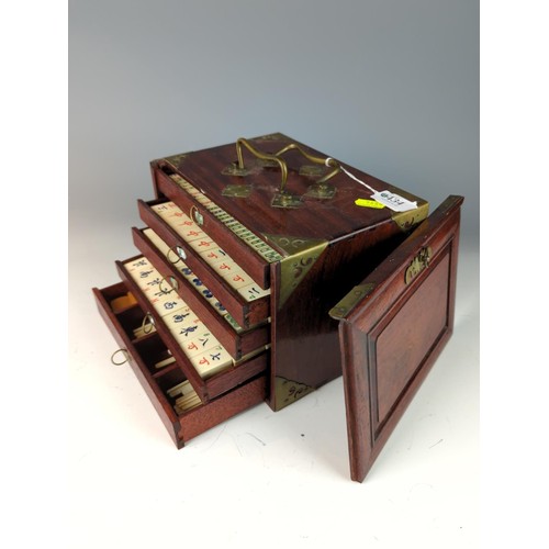 434 - Mah Jong Set in 5 drawer case with brass furniture, with bone tiles backed onto bamboo Complete W23 ... 