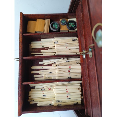 434 - Mah Jong Set in 5 drawer case with brass furniture, with bone tiles backed onto bamboo Complete W23 ... 