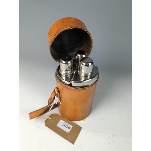 405 - 3 Piece triangular lead glass shooting flasks in purpose made leather case D10.5 H18.5cm