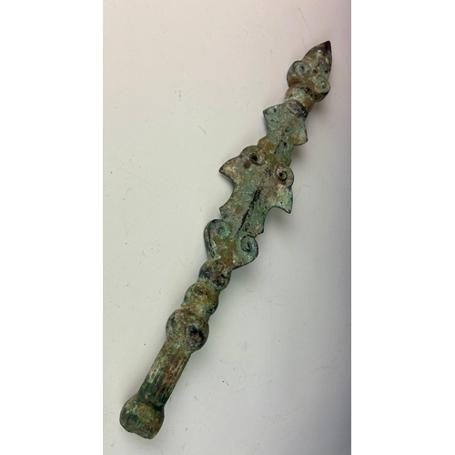 444 - Chinese spear/dagger thought to be excavated within China and has a bronze patina. L53 cm