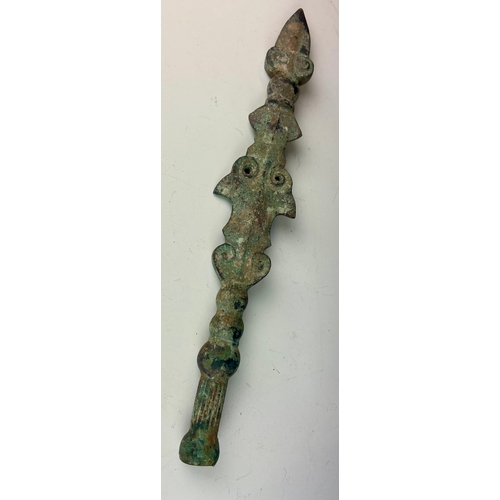 444 - Chinese spear/dagger thought to be excavated within China and has a bronze patina. L53 cm