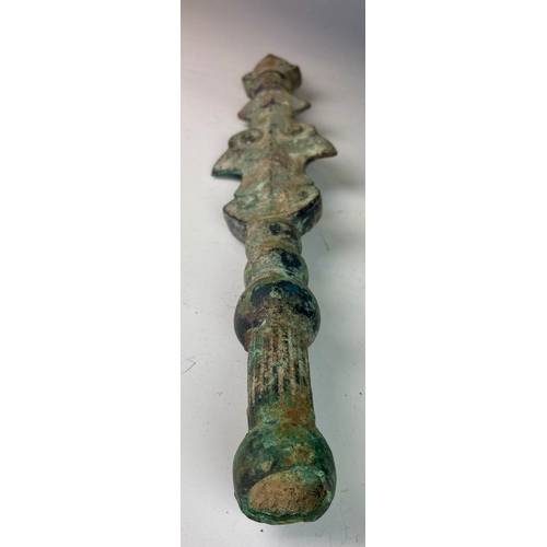 444 - Chinese spear/dagger thought to be excavated within China and has a bronze patina. L53 cm