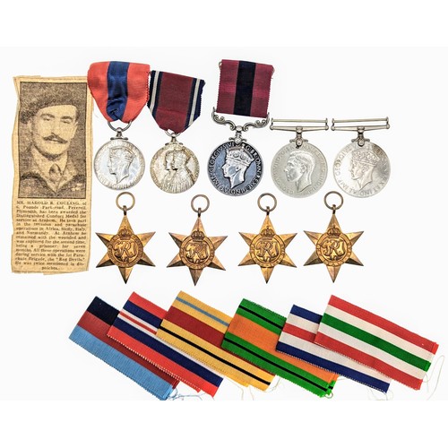 Group of nine WWII medals to include a George VI Distinguished Conduct Medal (1st type) in box of issue named to 7384504 A. CPL. H. R COULING R.A.M.C together with Defence medal, War Medal, Italy Star, Africa Star, France & Germany Star, 1939-1945 Star, George V silver jubilee medal and a George VI Imperial Service medal awarded to William Henry Gouling, together with oak leaf, ribbons (not attached), Mentioned in Despatches Oak leaf, press cuttings related to Harold R. Couling plus three European bank notes