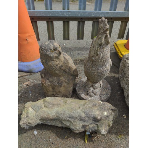 501 - 3 x concrete garden ornaments Inc Lion, owl and Cockerel Tallest H52cm