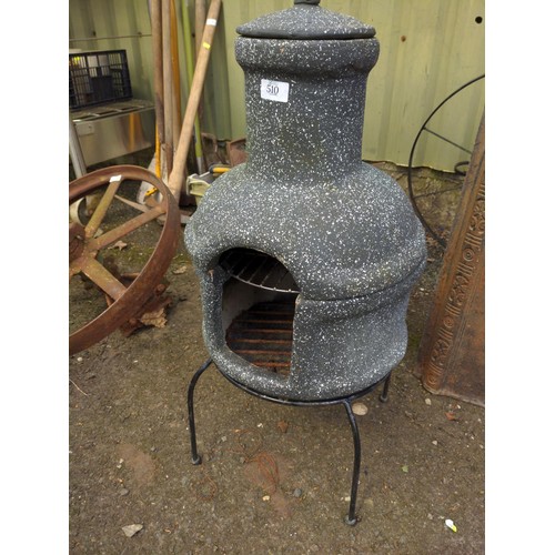 510 - Small terracotta chiminea painted grey with white flecks on metal stand H76cm 