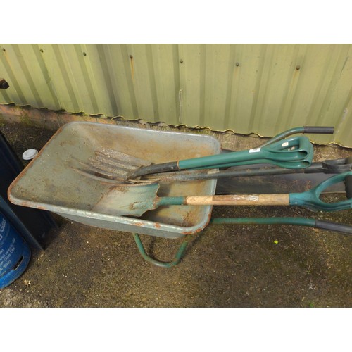 518 - Wheelbarrow with 2 shovels and 2 Garden forks 