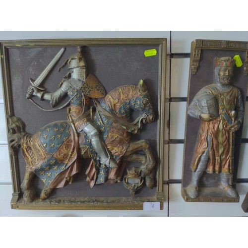 51 - 5 cold painted metal plaques featuring knights. Largest measures 35.5 x 38.5. Together with a framed... 