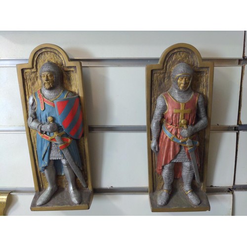 51 - 5 cold painted metal plaques featuring knights. Largest measures 35.5 x 38.5. Together with a framed... 