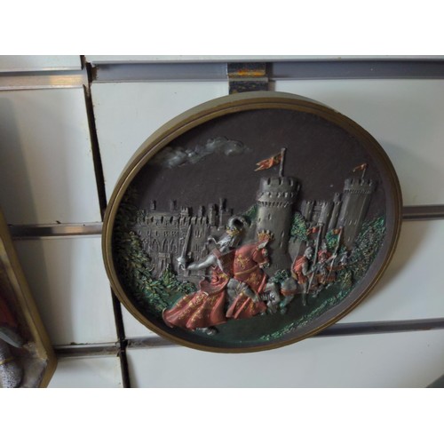 51 - 5 cold painted metal plaques featuring knights. Largest measures 35.5 x 38.5. Together with a framed... 