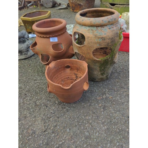 555 - 3 x terracotta strawberry planters one broken Tallest H36cm 