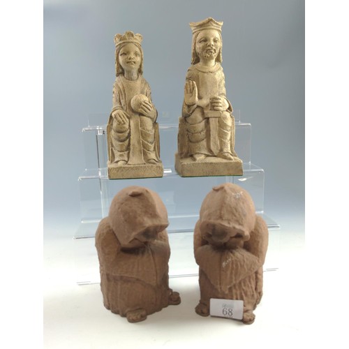 68 - King & Queen book ends together with a pair of druid book end style figures. 