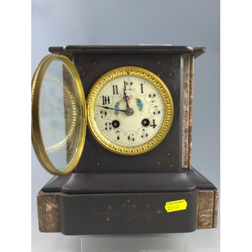 73 - Slate mantel clock with enamel face 22cmx 13cm x 23cm.No pendulum or key.