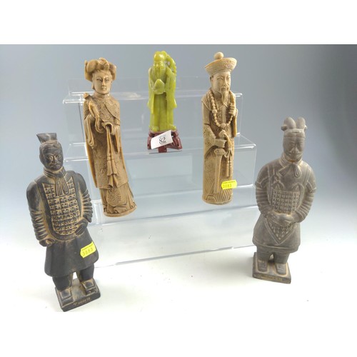 82 - Pair of terracotta warriors, resin figures and hardstone Shouxing carving on plinth.