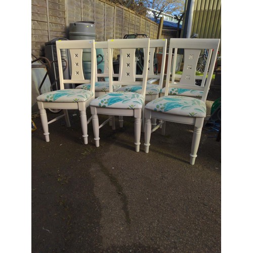 908 - Set of six hardwood dining chairs with contemporary floral cushion seats