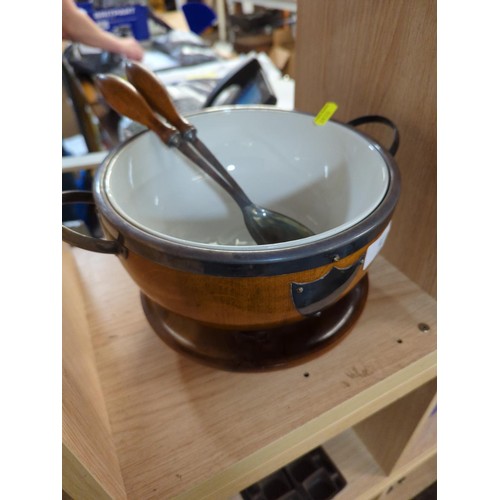 71 - Turned wooden salad bowl. 24cm With shield shaped plaque and silver plated servers