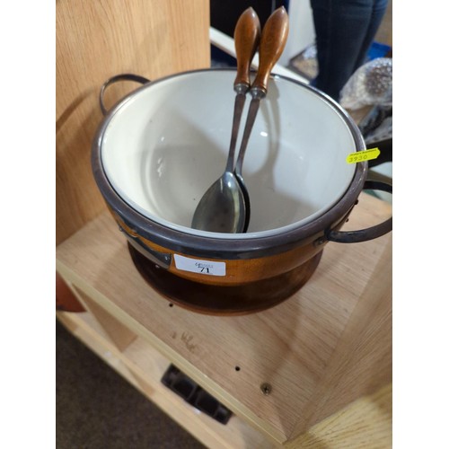 71 - Turned wooden salad bowl. 24cm With shield shaped plaque and silver plated servers