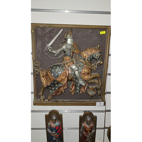 51 - 5 cold painted metal plaques featuring knights. Largest measures 35.5 x 38.5. Together with a framed... 