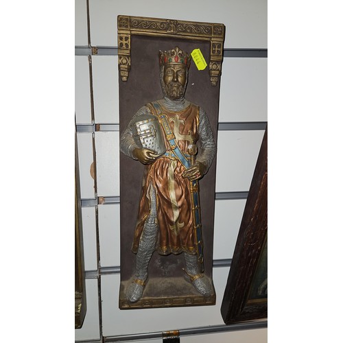 51 - 5 cold painted metal plaques featuring knights. Largest measures 35.5 x 38.5. Together with a framed... 