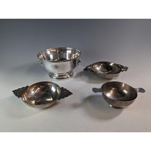 355 - Four various quaiche dishes, including silver plated, largest dia. 18.5cm