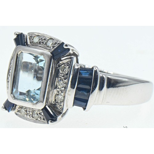 222 - 14ct white gold, aquamarine, sapphire and diamond ring, size O1/2, gross weight 7.5 grams