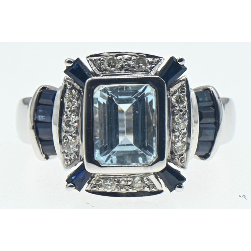222 - 14ct white gold, aquamarine, sapphire and diamond ring, size O1/2, gross weight 7.5 grams