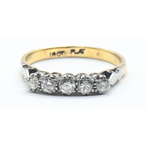 223 - 18ct gold, platinum and five stone diamond ring, size M, gross weight 2.2 grams