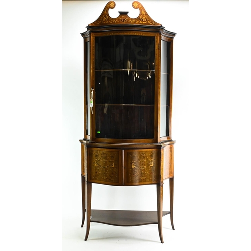 Edwardian Edwards and Roberts style satinwood inlaid display cabinet with serpentine glazed front w95cm d 43cm h 212cm approx.