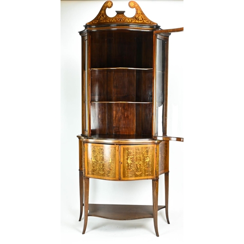 497 - Edwardian Edwards and Roberts style satinwood inlaid display cabinet with serpentine glazed front w9... 