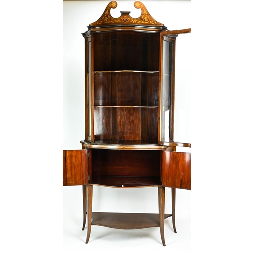 497 - Edwardian Edwards and Roberts style satinwood inlaid display cabinet with serpentine glazed front w9... 