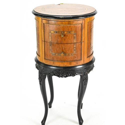 519 - Drum shaped 2 drawer occasional table with ebonised base 42 cm by 82 cm