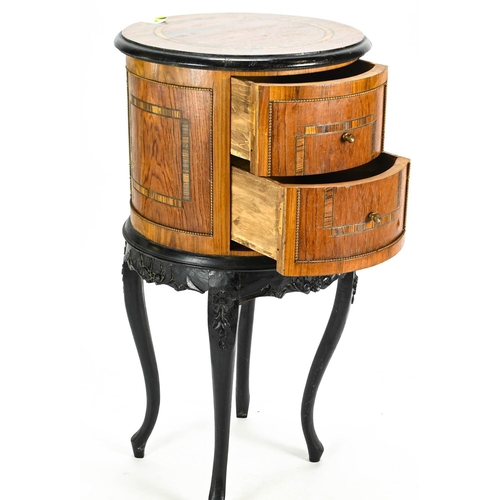 519 - Drum shaped 2 drawer occasional table with ebonised base 42 cm by 82 cm