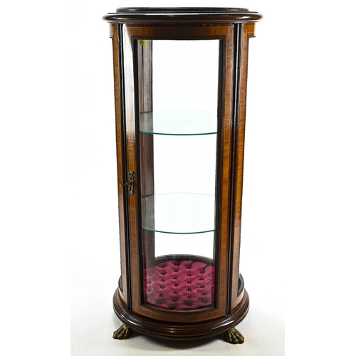 520 - Inlaid vitrine barrel shaped display cabinet with marble top. 47cm by 112cm