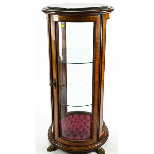 521 - Inlaid vitrine barrel shaped display cabinet with marble top. 47cm by 112cm