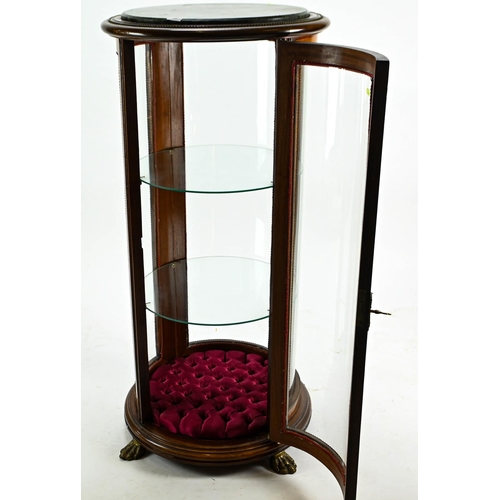 521 - Inlaid vitrine barrel shaped display cabinet with marble top. 47cm by 112cm