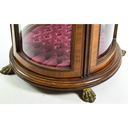 521 - Inlaid vitrine barrel shaped display cabinet with marble top. 47cm by 112cm