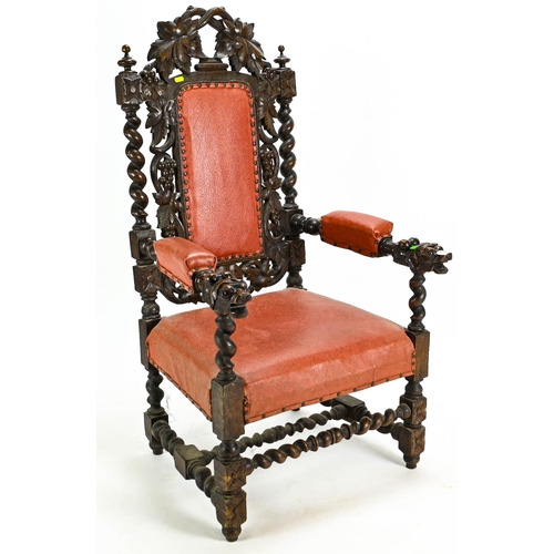 523 - Oak framed Jacobean style chair with carved detail, 67cm by 65cm by 126cm