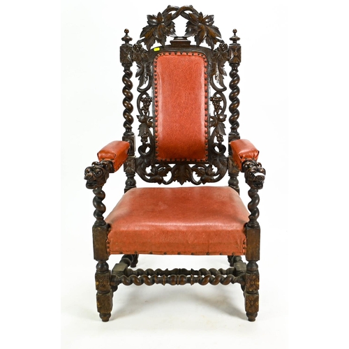 523 - Oak framed Jacobean style chair with carved detail, 67cm by 65cm by 126cm