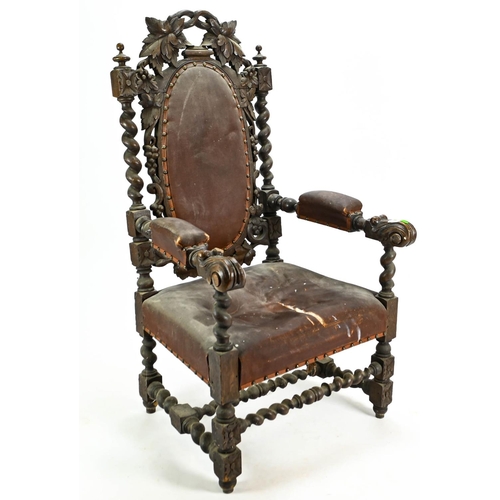 524 - Oak framed Jacobean style chair with carved detail, 67cm by 64cm by 126cm